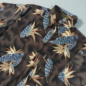 Alan Stuart Mens‎ Large Bird of Paradise Feather Print Shirt Brown Vintage Flaws